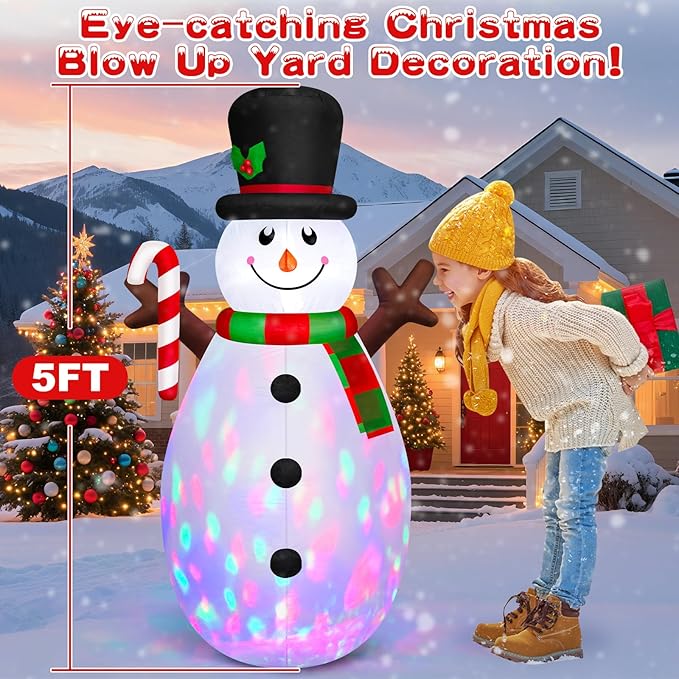 Danxilu 5 FT Christmas Inflatables Snowman with Colorful Rotating Led Lights Outdoor Yard Decorations, Blow Up Cute Snowman Xmas Frosty Winter Decor Clearance for Indoor Lawn Garden Holiday Party