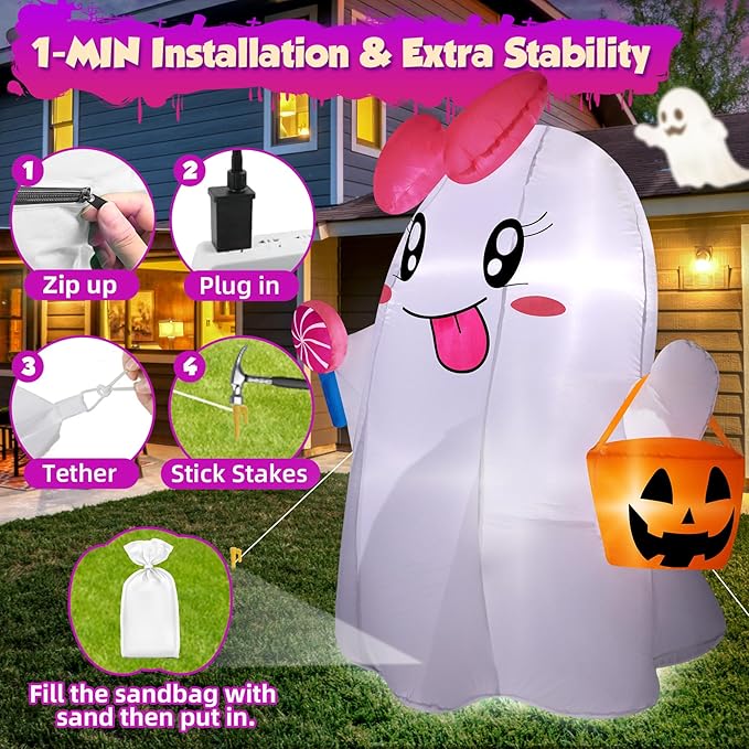 5FT Halloween Inflatables Ghost, Cute Halloween Decorations Outdoor Blow Up Yard Decorations with Built-in Bright LED Lights Pumpkin Lollipop Bow Blow-ups for Indoor Outdoor Holiday Party