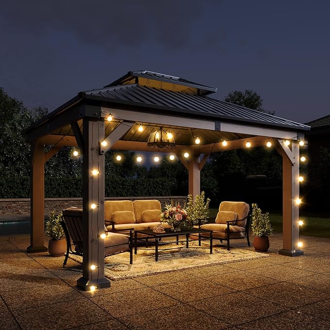 Aoxun 10' x 12' Outdoor Wood Gazebo, Hardtop Gazebo Permanent Wooden Pavilion with Galvanized Steel Double Roof, and LED Outdoor Waterproof Hanging Lights, for Patio, Garden, Deck, Cedar Wood
