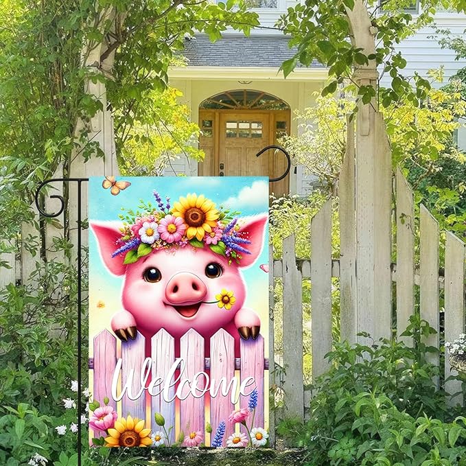 Spring Welcome Garden Flag 12x18 Inches Double Sided Cute Pig Yard Flags Colorful Floral Butterfly Sunflower Crown Fence for Outside Decor Home Farmhouse Holiday Summer Decorations