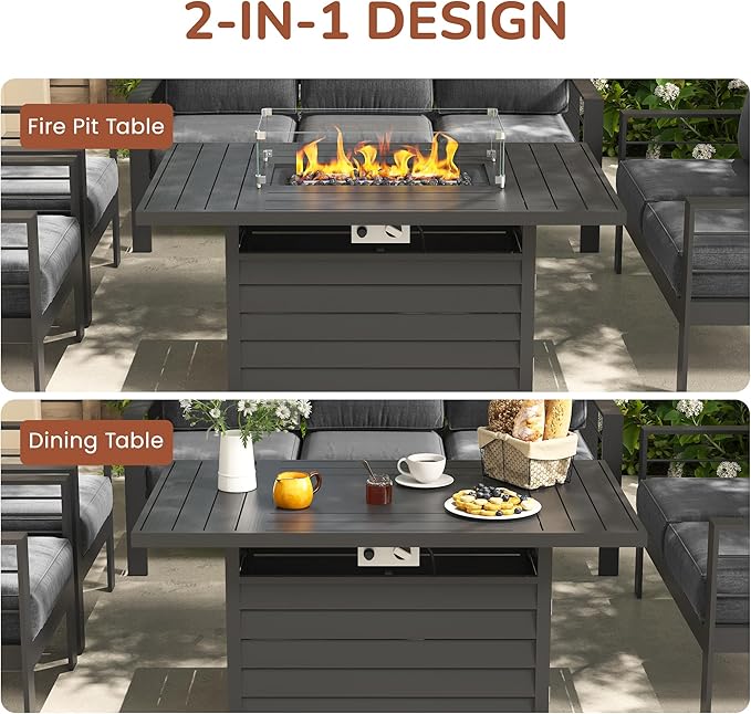 Solaste Aluminum Patio Furniture Set with Fire Pit Table, 7 Seats Metal Outdoor Furniture with Water-Resistant Cushions, Modern Patio Conversation Set for Balcony, Front Porch, and Backyard, Grey