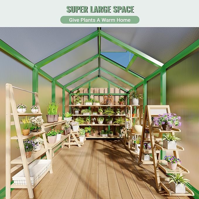 Greenhouse, 6x8 Ft Outdoor Greenhouses, Accessible Green House with Roof Vents and Sliding Doors, Aluminum Frame Polycarbonate Greenhouses, Large Greenhouse for Outdoor Gardens and Backyards, Green