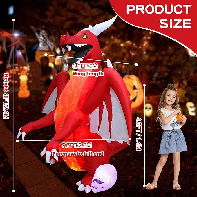 DearSun 8FT H Halloween Inflatable Dragon with Skull Next to The Foot, Blow up Dragon Inflatable with Red Flame lamp Inside Outdoor Decorations Large Party Yard Decoration