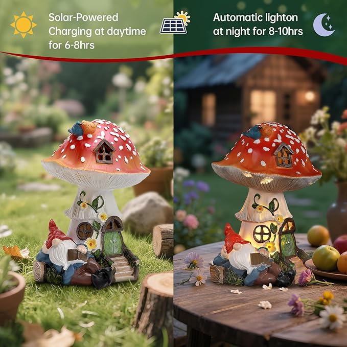 Solar Mushroom Gnome Reading Light, Weatherproof Resin Fairy Garden Figurine Decor Auto On/Off - Book Lover Gift for Pathway & Patio