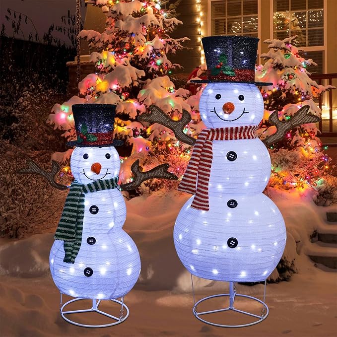 Juegoal Set of 2 Lighted Christmas Snowman Decorations, 3.5+2.3FT Outdoor Collapsible White Snowmen with LED Lights, Pre-Lit Pop Up Xmas Yard Display, Plug in for Holiday New Year Winter Lawn Garden