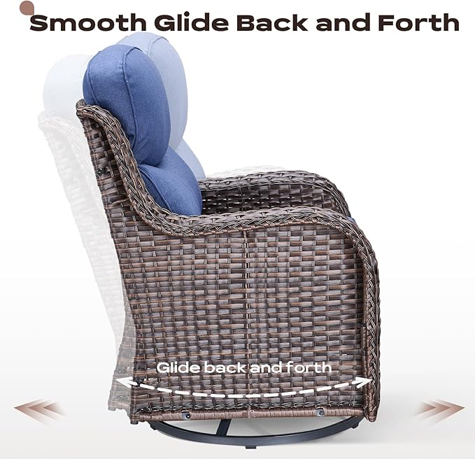 Rilyson Outdoor Patio Swivel Rocker Chairs Set of 2, Waterproof Wicker, High Back, Deep Seating, Wide Armrest, Upgraded 6 inch Thick Cushions, Ideal for Deck Porch Backyard, Brown/Blue