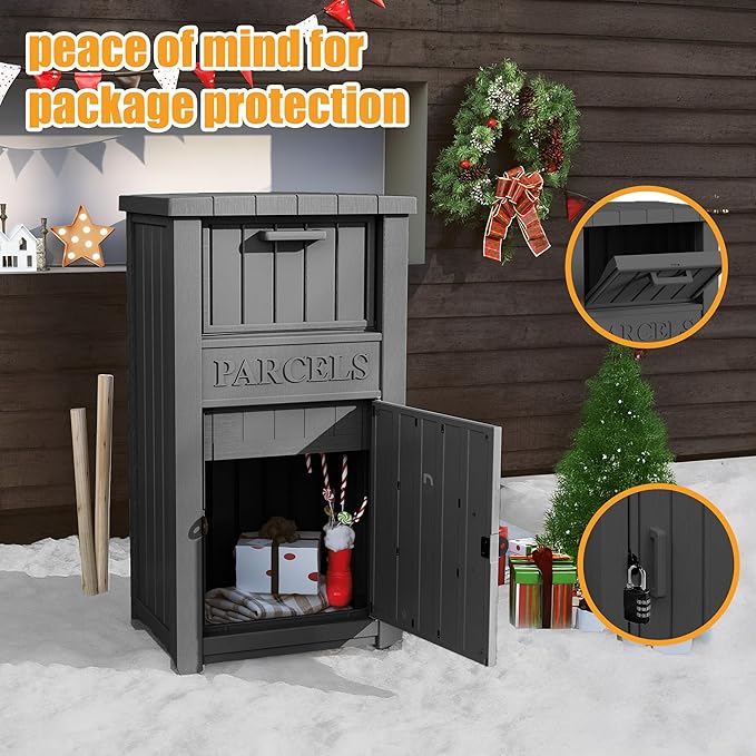 Package Delivery Box,Storage Box with Lockable Secure,Double-Wall Resin Outdoor Package Delivery and Waterproof Deck Box for Porch, Curbside (Black)