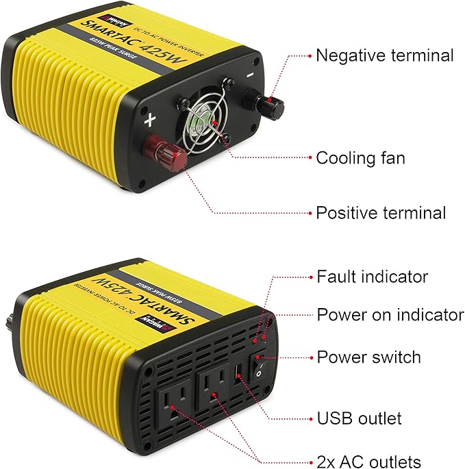 Wagan EL3706 425W Power Inverter 425W TrueRated Continuous 825W Surge PowerAC to DC 12V to 110V AC Inverter with 2 AC Outlets and 2A USB Charging Port