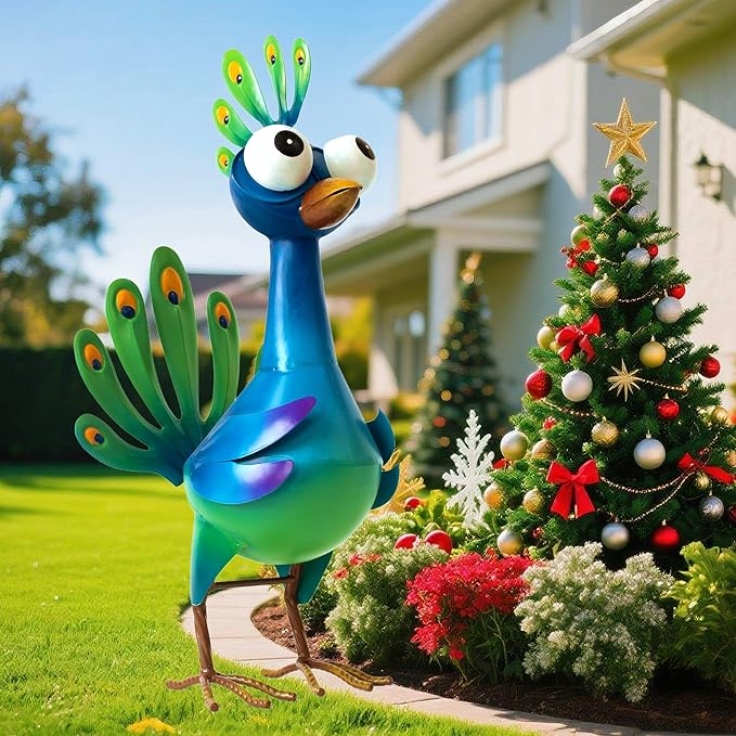 Metal Peacock Statue Garden Decor Cartoon Peacock with Bobbling Eyes Yard Art Lawn Patio Decoration Outdoor Sculpture for Housewarming Birthday Wedding