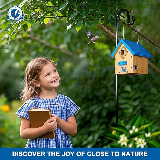 Wren Bird House for Outside, Premium Wooden Wren Bird Houses, Hanging Chickadee Bird House, Weatherproof Garden Decor Birdhouses for Outdoors, Blue Color Roof Bird Nesting Titmouse