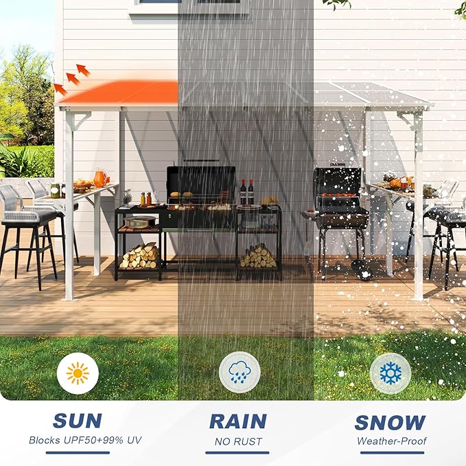 MEISSALIVVE 8' x 12' Wall Mounted Gazebo, Outdoor BBQ Grill Gazebo with Side Shelf, Lean to Metal Awnings with Sloped Roof, Heavy Duty Pergola for Backyard, Deck, White