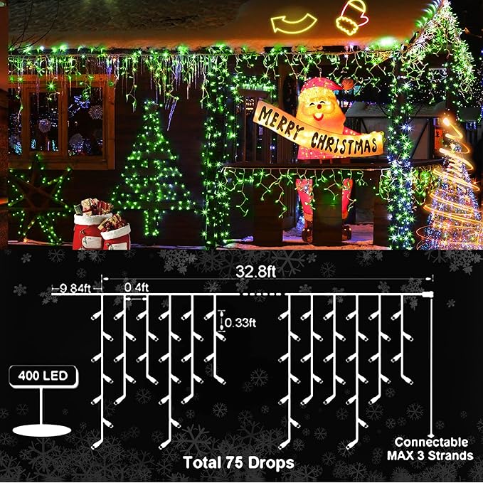 KNONEW Christmas Lights Outdoor Decorations 400 LED 33ft 8 Modes Curtain Fairy String Light with 75 Drops, Clear Wire LED String Light Indoor Decor for Wedding