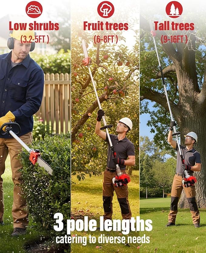 48CC Gas Powered Pole Saw 16FT Lightweight with Auto Lubrication, Safety Lock, and Quick Stop for Easy Tree Trimming (GZJ-005)