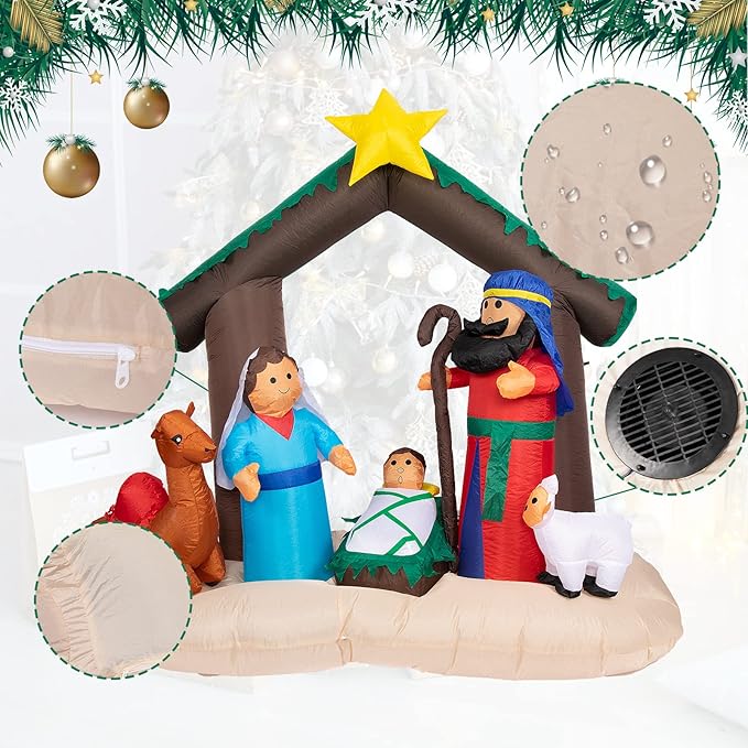 MUMTOP 6 FT Christmas Inflatables Outdoor Decorations - Nativity Scene Nativity Sets Inflatable Outdoor, Built-in LED Light Christmas Blow Up Yard Decorations