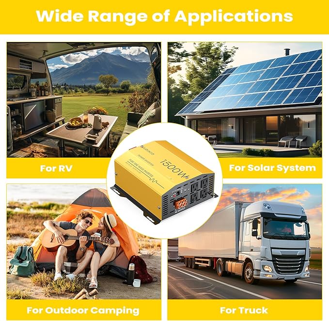 1500W Pure Sine Wave Inverter - 12V DC to 120V AC Converter for Home, RV, Truck, Off-Grid Solar Power Inverter Built-in 3.1A USB, Type-C Port, AC Hardwire Output Port, Remote Control with LCD Screen
