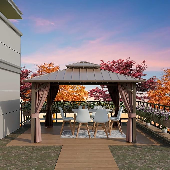 12'x12' Hardtop Gazebo, Outdoor Aluminum Frame Galvanized Steel Double Roof Pavilion with Netting and Shaded Curtains, Permanent Metal Pergolas for Patio, Backyard, Deck and Lawns.