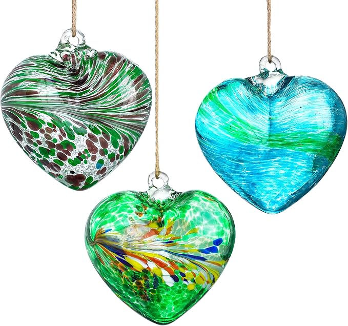 Set of 3 Green Blown Glass Heart Ornaments 4 Inch Hanging Decor for Outdoor Unique Home Garden Patio Decoration for Mom Wife