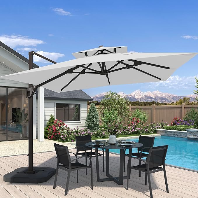 10x10 FT Cantilever Patio Umbrella with Base Included Double Top Outdoor Square Large Heavy Duty Aluminum Offset Umbrellas with 7 Level Tilt 360-degree Rotation for Pool Garden Deck,Fog Grey