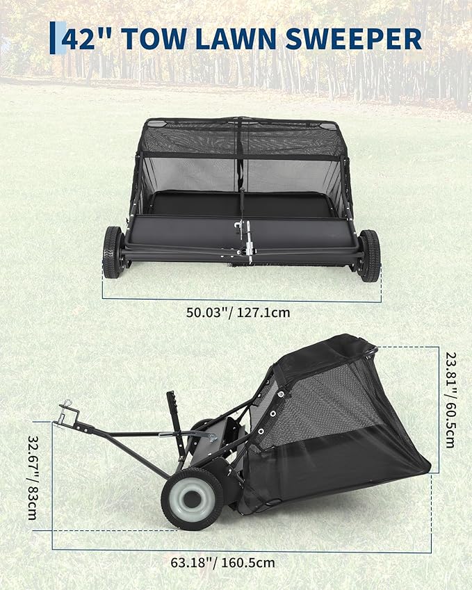 42" Lawn Sweeper Tow Behind, Heavy Duty Yard Sweeper Pull Behind with 21 Cu.Ft Large Hopper & Adjustable Sweeping Height, Universal Leaf Grass Collector for Tractor ATV UTV, Black