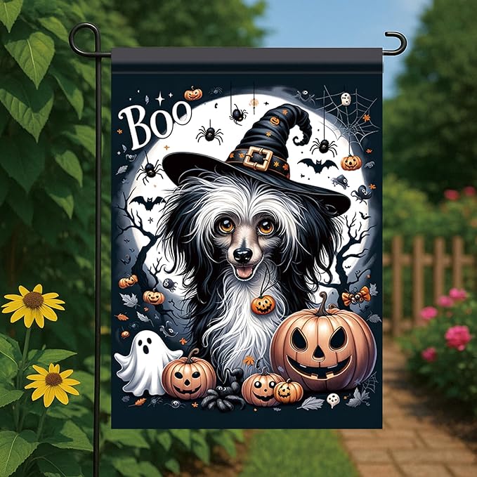 Halloween Garden Flag Chinese Crested Dog Flag 12x18 Inch Boo Pumpkin Yard Banner Double Sided Outdoor Trick or Treat House Decoration for Lawn Porch Patio Holiday Fall Decor