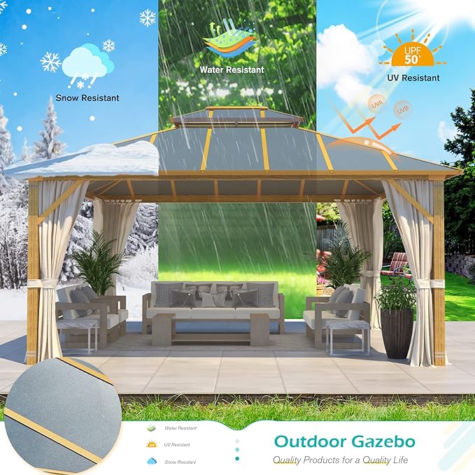 12'x14' Gazebo, YOLENY Outdoor Wood Grain Hardtop Gazebos on Clearance, Aluminum Composite Double Roof with Privacy Curtain and Mosquito Net for Patio, Lawn, Garden, Deck, Gray