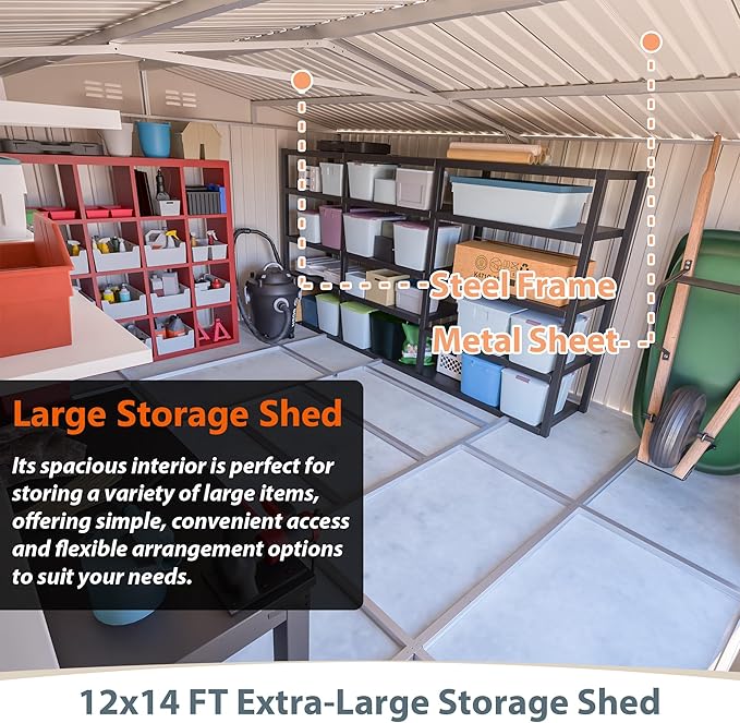 12×14 ft Outdoor Metal Storage Shed, Large Garden Tool Shed with Lockable Double Doors, Waterproof Yard Building, Patio, Light Gray