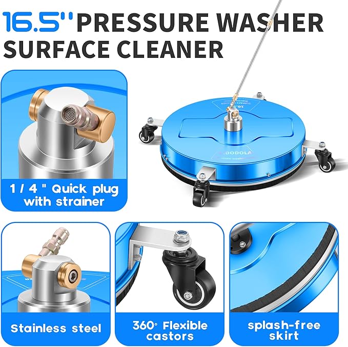 16.5" Pressure Washer Surface Cleaner with 4 Wheels - Coated Blue Stainless Steel Surface Cleaner for Pressure Washer Attachment for Concrete, Driveway, Patio, Sidewalk, Deck and Driveways - PWS165