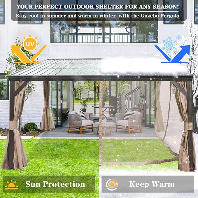Domi 12x14FT Wall-Mounted Hardtop Gazebo, Aluminum Lean to Gazebo with Galvanized Steel Sloping Roof, Curtains & Netting for Outdoor Patio, Deck, Backyard, Garden Parties