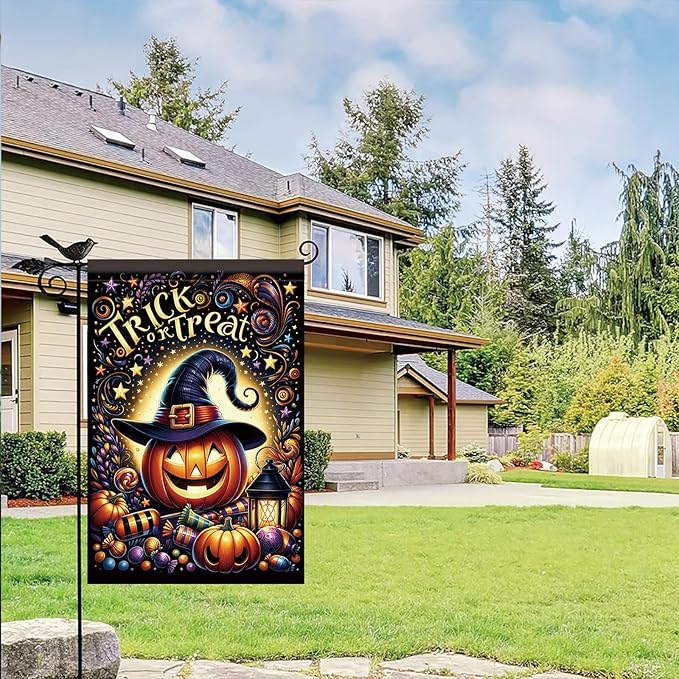 12 x 18 Inch Halloween Garden Flag Outdoor Pumpkin Witch Hat Trick or Treat Yard Decoration Double Sided Autumn Holiday Seasonal Banner for Lawn Patio Party Candy Lantern Fall Theme