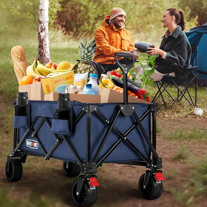Overmont Collapsible Wagon Cart with Wheels - 180L Foldable Heavy Duty Wagon with Big All-Terrain Wheels - 330Lbs Weight Capacity with Side Pockets for Camping Sports Garden Grocery Shopping Blue