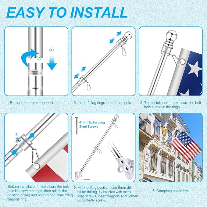 7 FT 1 Inch Spinning Flag Pole Kit for Outside House Porch Residential Wall Mounting, Stainless Metal Flag Poles for 3x5 4x6 Flag with 2-Position Holder Bracket, Rotating Flagpole Rings (7 FT, Silver)