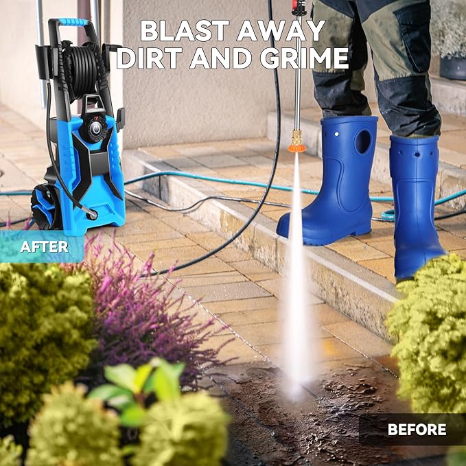 Pressure Washer 5000 PSI Adjustable Pressure, Power Wahser Powered with 33ft Pressure Hose, 4 Nozzles and 500ml Foam Cannon, Cleaner Machine for Home, Car, Blue