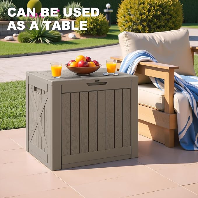 Greesum 40 Gallon Outdoor Deck Box, Resin Storage for Patio Furniture, Garden Tools, Pool Supplies, Weatherproof and UV Resistant, Lockable, Light Coffee