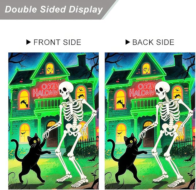 Garden Flags 12x18 Inch Halloween Garden Flag Double-Sided Skeleton Dancing with Black Cat Haunted House Pumpkin Fall Yard Decoration Trick or Treat Banner for Porch Lawn Outdoor Decor