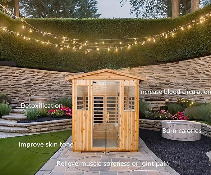 Outdoor Sauna 4 Person Infrared Saunas for Home,2050watt Canadian Hemlock Wooden Large Sauna Room with Blue-Tooth, 4 Chromo Therapy Lighting,2 LCD Control