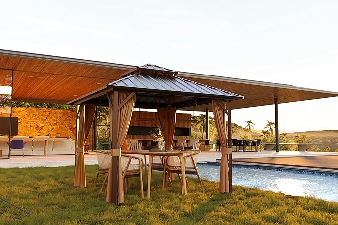 10' x 10' Outdoor Hardtop Gazebo Aluminum Frame with Double Metal Roof, Canopy Netting, Curtain, Patio Permanent Galvanized Steel Gazebo for Backyard, Garden, Party, Deck, Lawn
