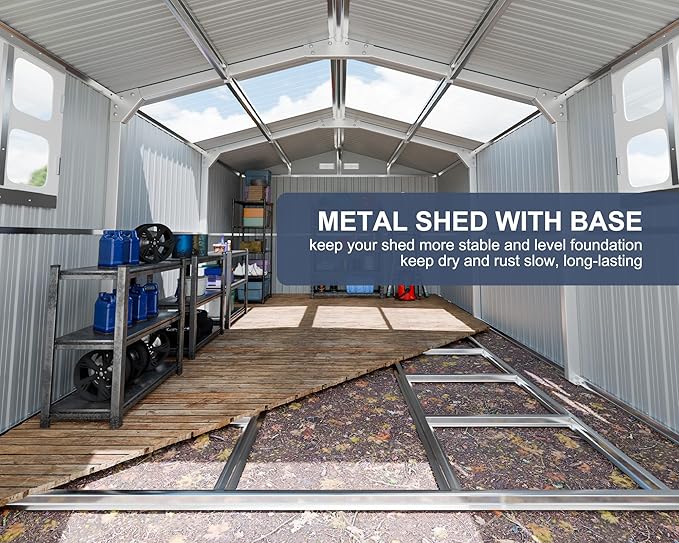 10x16 FT Metal Outdoor Shed with Floor, Large Waterproof Garden Sheds with Dual Transparent Panels,Skyview Windows Air Vent Reinforced Frame Tool Shed for Backyard, Garden, Patio,Dark Grey