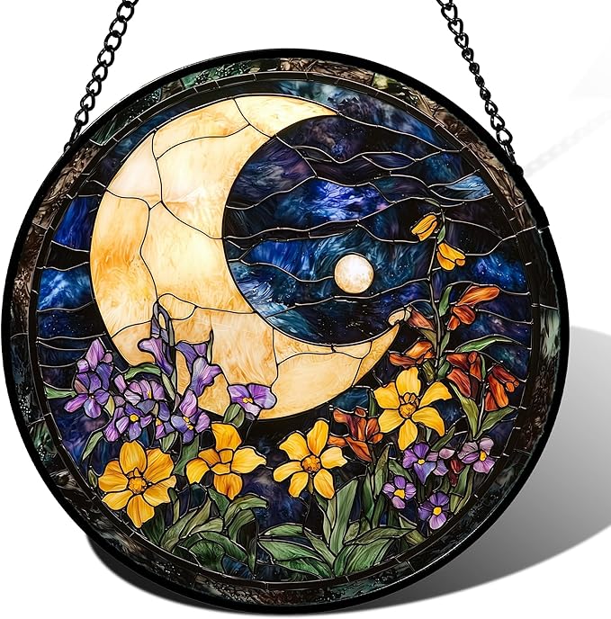 Stained Glass Window Hanging - Blue Night Sky Moon Suncatcher for Door Terrace Garden Home Decor Wildflowers Sun Catcher Birthday Gifts for Lovers Women Men Dad Mom Nana 9.8 in
