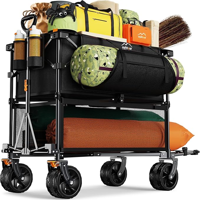 Foldable 50''L Extra Long Double Decker Wagon for Sport, 400L Collapsible Heavy Duty Wagon Cart with Big Wheels, Utility All-Terrain Large Extender Cart for Outdoors