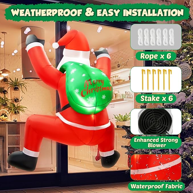 6FT Christmas Inflatable Decorations Hanging Santa Built-in Bright LEDs, Climbing Santa Claus with Gift Bag Christmas Roof Blow Up Yard Inflatables Decoration for Window Wall Outdoor Xmas New Year