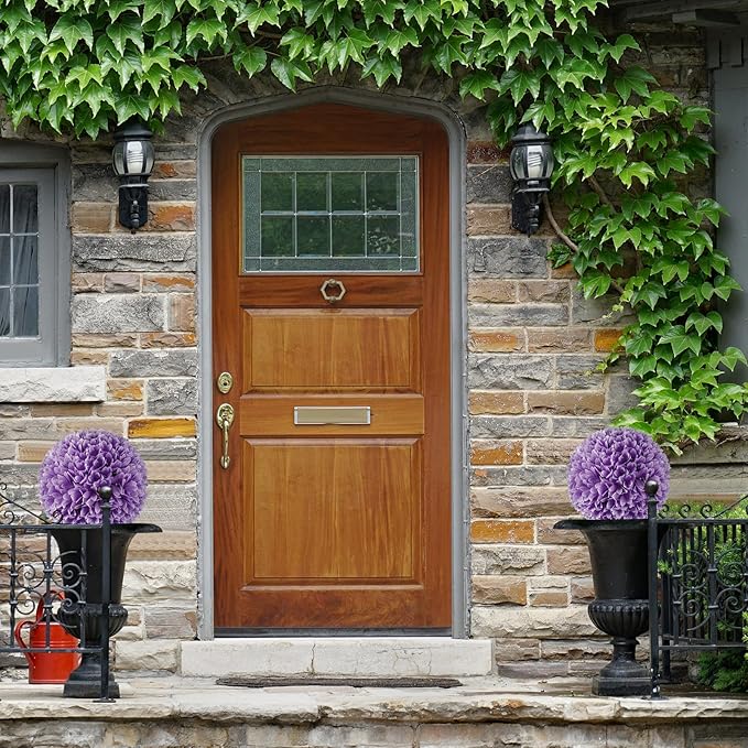 Goplus 11 Inch Topiary Balls Artificial Outdoor Set of 2, Faux Boxwood Ball, Fake Plant Sphere, Round Artificial Plant Balls for Front Door, Porch, Backyard, Balcony, Home Décor (Purple)