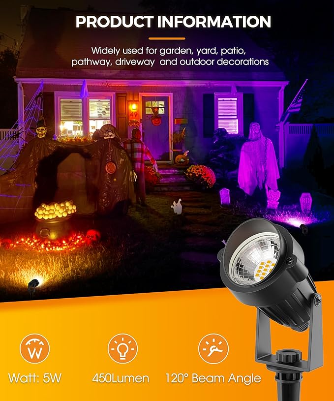 L LOHAS LED Halloween Spotlight Outdoor, Orange Spot Lights for Yard, Auto On/Off 5W 120V Landscape Lighting for House, Holiday, Trees, Decoration, 450LM IP66 Waterproof, UL Listed, 2 Pack