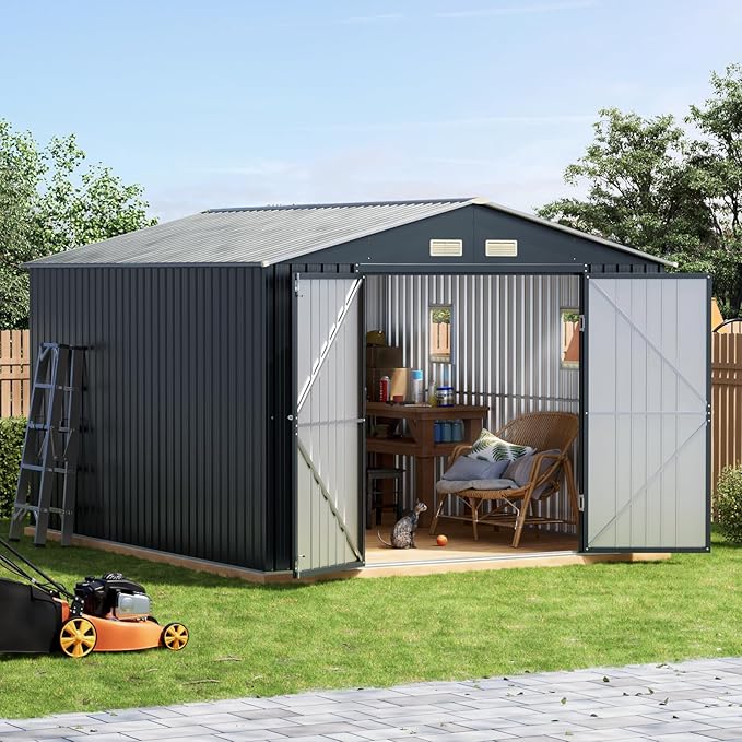 10x10 FT Outdoor Metal Storage Shed with Floor Frame, Double Swing Doors, 2 Clear Windows,Tool Shed for Garden, Patio, Backyard Nightblue