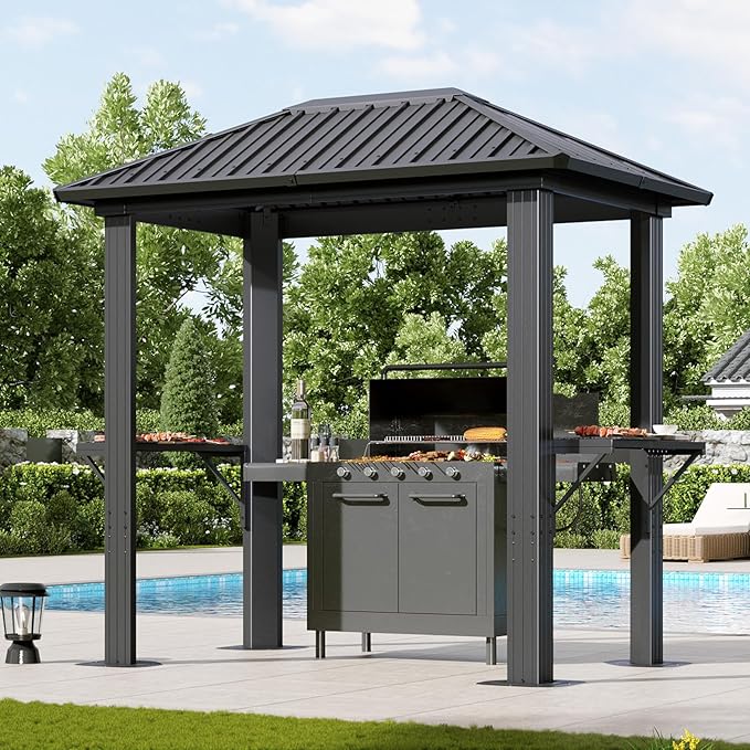 Aoxun Grill Hardtop Gazebo 5 x 8 FT, Outdoor Metal Hard Top Gazebo, Permanent BBQ Pavilion with Galvanized Steel Roof, Aluminum Pavilion with Shelves for Lawn, Garden, Patio, Backyard (Dark)