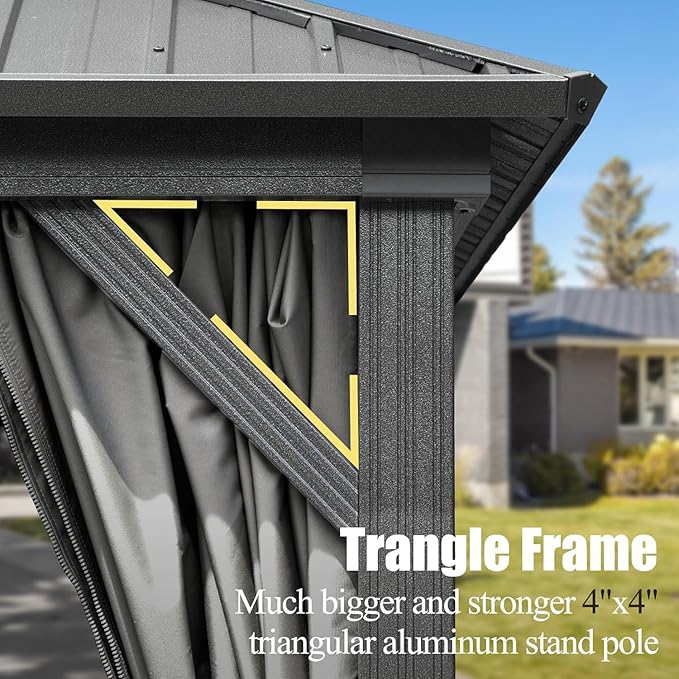Domi 12’ x 18’ Hardtop Gazebo Metal Frame Canopy with Netting & Curtains, Outdoor Permanent Metal Pavilion with Galvanized Steel Double Roof for Patio Lawn and Garden, Gray