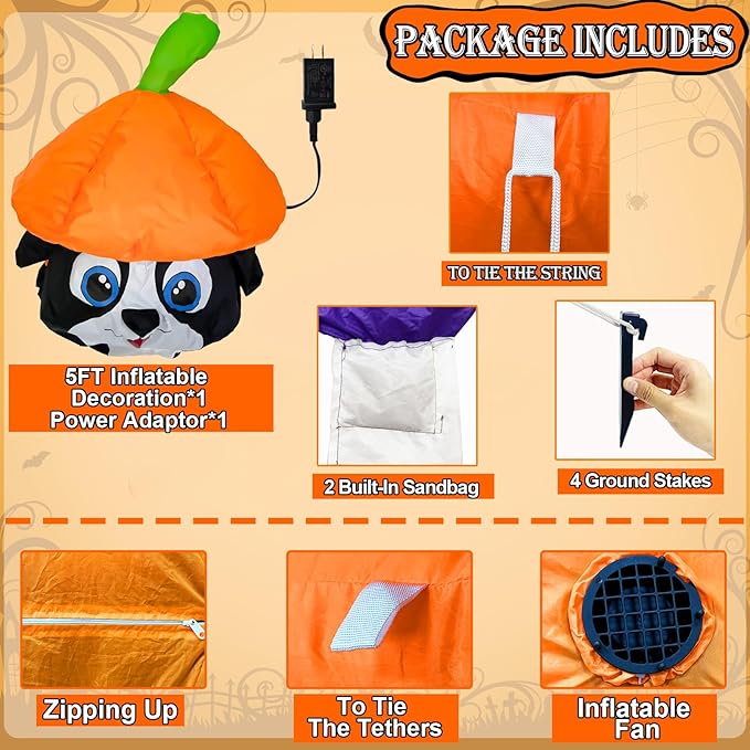 5 FT Halloween Inflatables Animated Dog On Pumpkin Outdoor Decorations Blow Up Yard with Built-in LEDs, Halloween Blow Up Outdoor Decor for Indoor Party Outdoor Garden Lawn