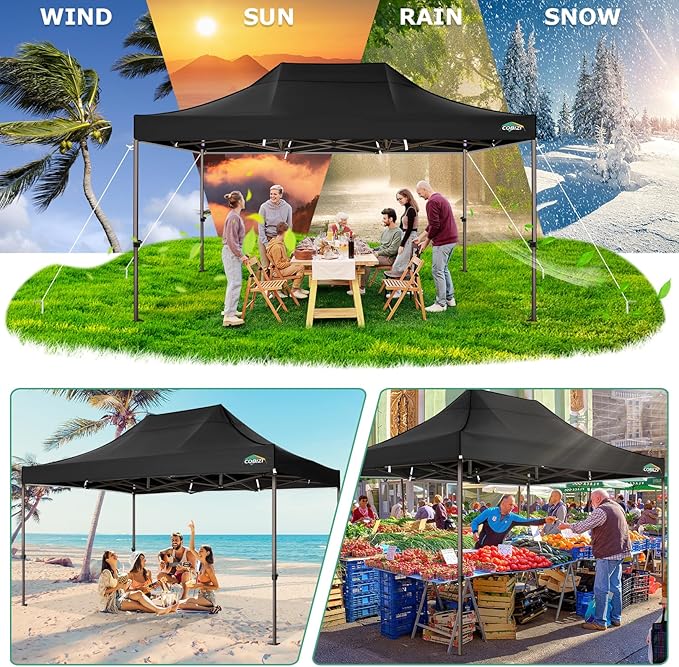 COBIZI 10x15 Pop Up Heavy Duty Canopy with 4 Sidewalls and Hexagonal Legs, Easy up Tent for Parties, Commercial and Wedding, Outdoor Canopy with Roller Bag, Sand Bags, Waterproof & UPF50+ (Black)