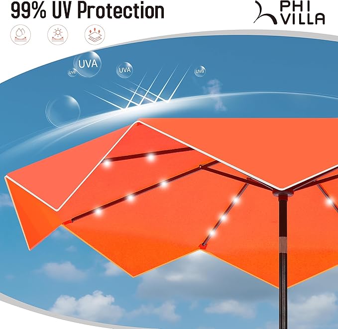 PHI VILLA 9ft Patio Umbrellas with 24 pcs LED Solar Lights, Outdoor Market Table Lighted Umbrella with 8 Steel Ribs, Tilt for UV-Resistant, Lotus Leaf Shape Canopy, Orange
