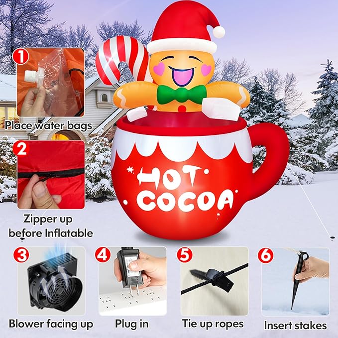 Danxilu 6FT Christmas Inflatable Outdoor Decorations, Cute Blow Up Hot Cocoa Gingerbread Man with Candy Canes Built-in LED Xmas Inflatable Yard Decorations for Outside Indoor Garden Lawn Holiday Party
