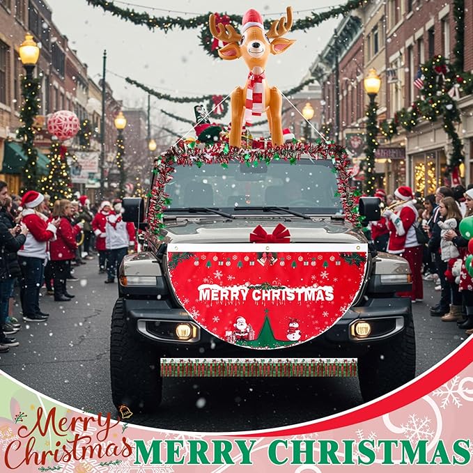 Hungdao 9 Pcs Christmas Golf Cart Parade Decorations Include 1 Pcs 4 Feet Inflatable Giant Reindeer with Bunting Flag Tinsel Garland for Christmas Car Yard Party Decoration